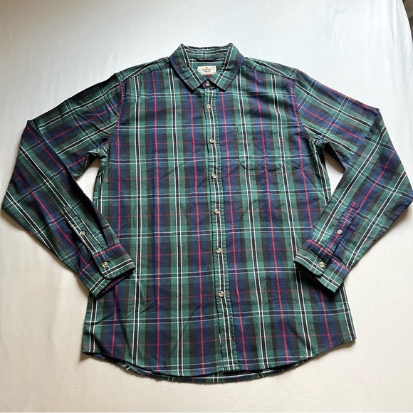 MARINE LAYER mens green blue plaid long sleeve button up shirt